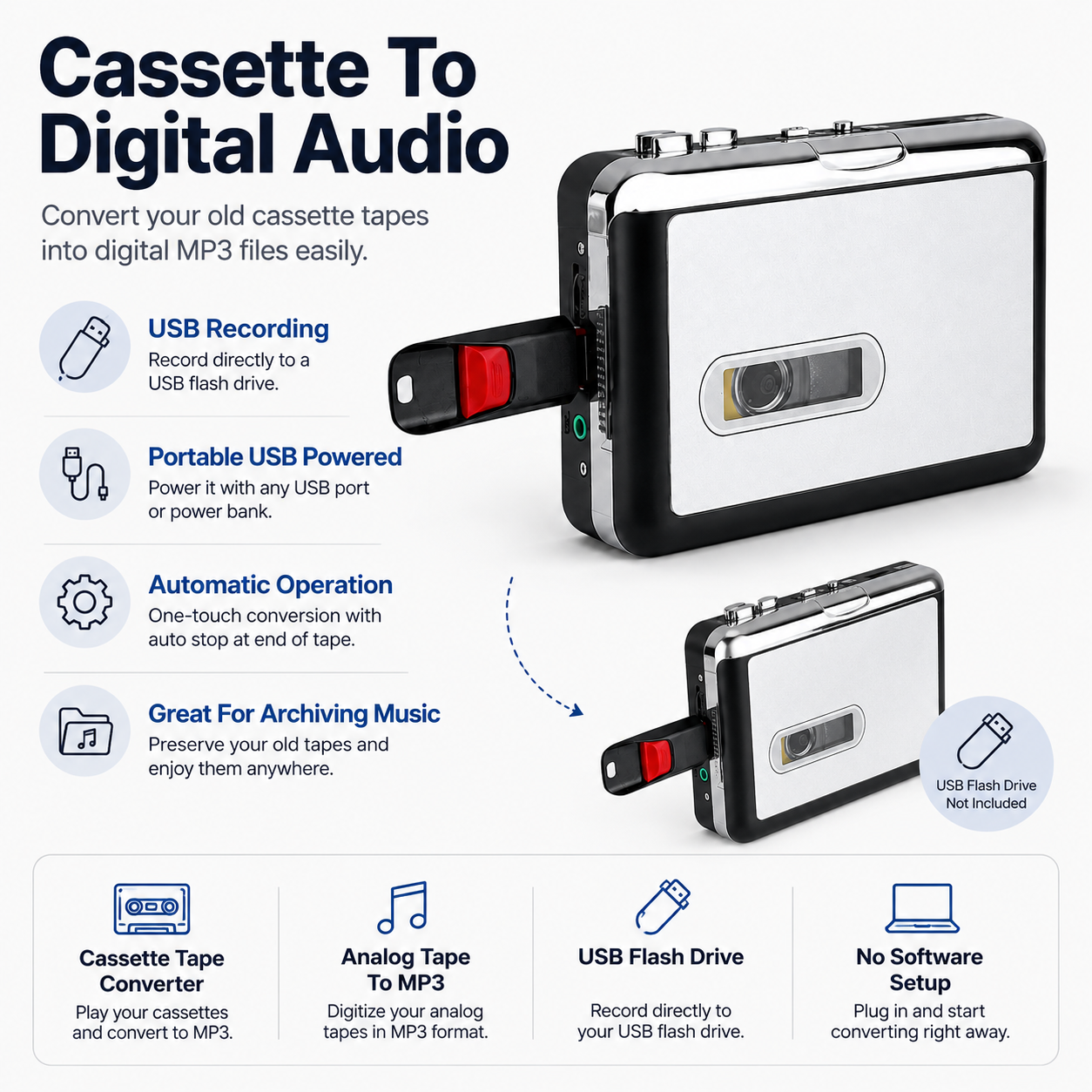 Cassette Tape Converter USB Player Automatic Portable