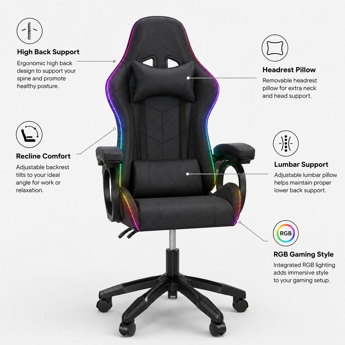 High Back Gaming Chair Rgb Recline Headrest Lumbar Support