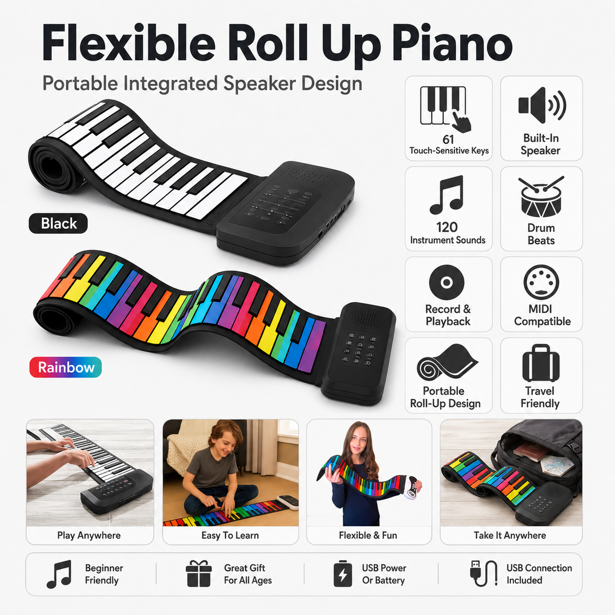 Roll Up Piano Flexible Design Portable Integrated Speaker