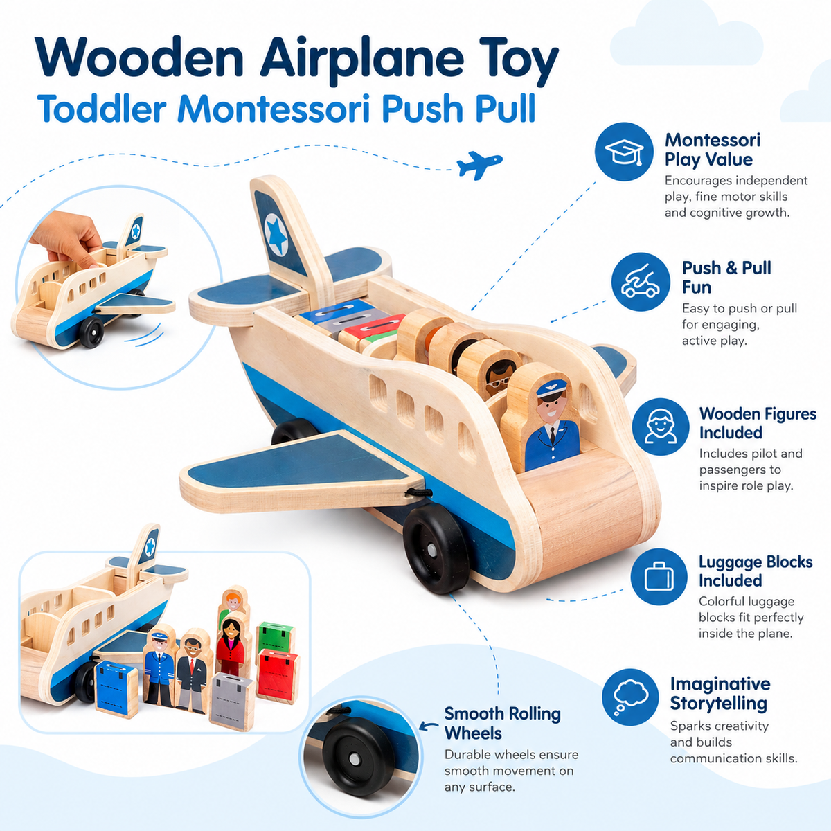 Wooden Airplane Toy Toddler Montessori Push Pull