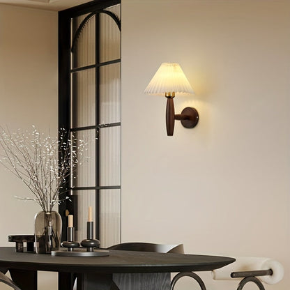 Nordic Wooden Wall Sconce | Retro Bedside Wall Lamp with Pleated Shade