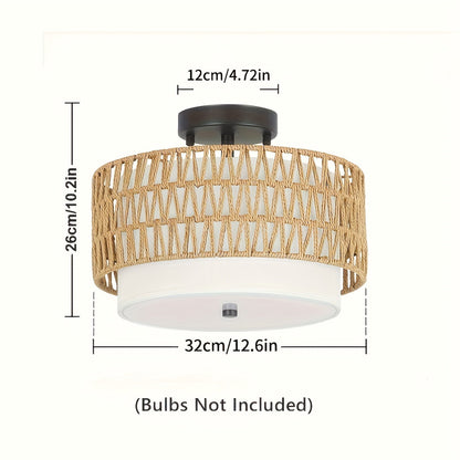 Boho Rattan Ceiling Light | Semi-Flush Mount with Linen Shade