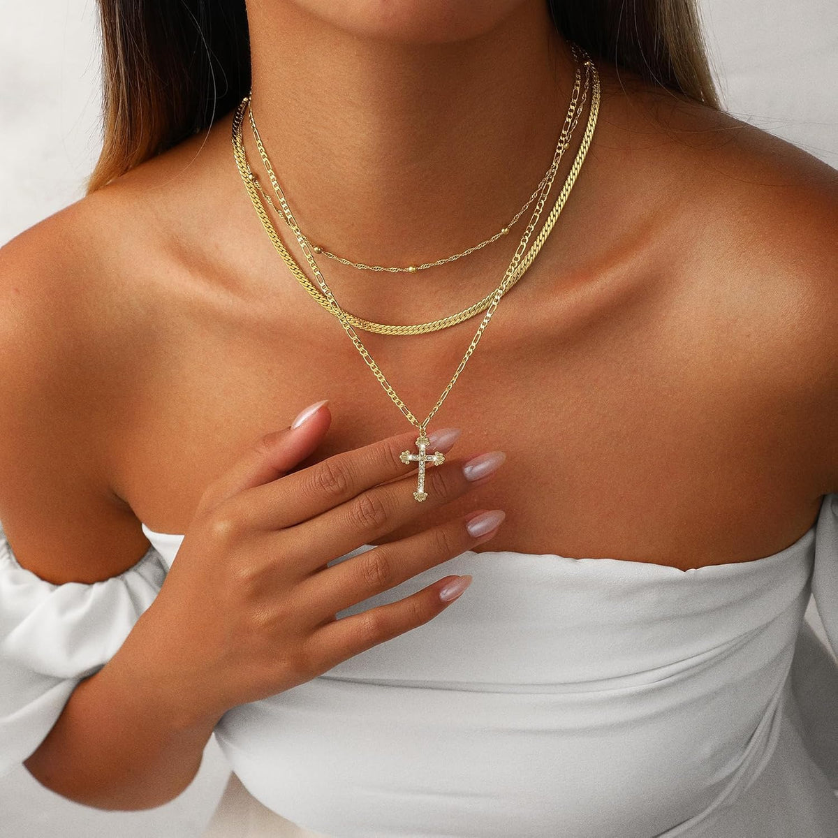 Necklace Layered Cross Pendant Mothers Day Gold Jewelry Gift