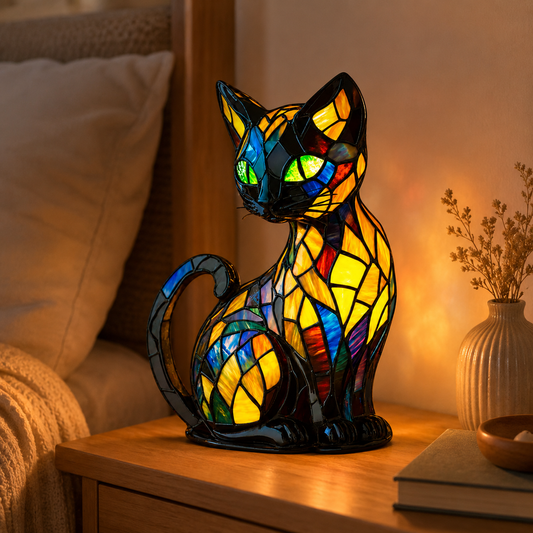 Cat Night Light Stained Glass Lamp Unique Curve Base