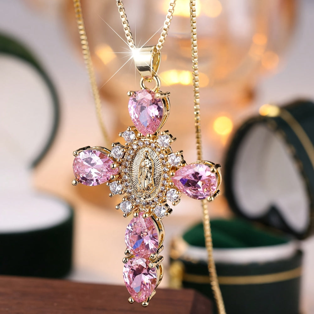 Necklace Cross Pendant Gold Cubic Zirconia Mothers Day Gift