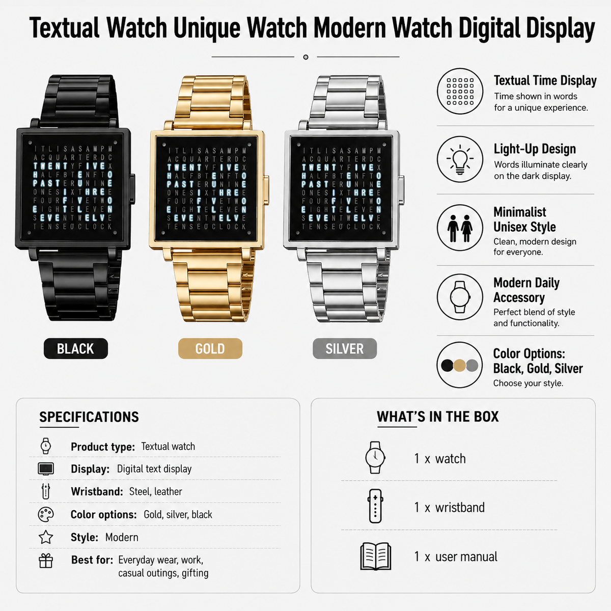 Textual Watch Unique Watch Modern Watch Digital Display
