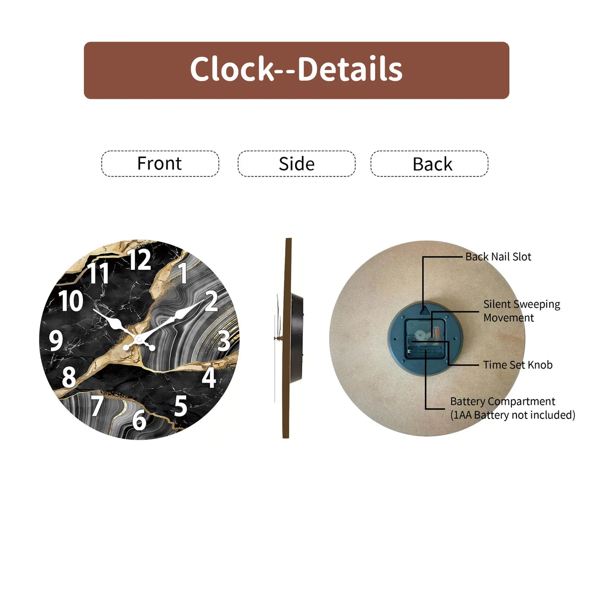 MarbellaTime | Modern Round Wooden Wall Clock | Silent Marble Design