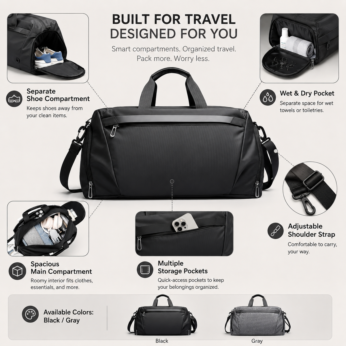 Travel Duffel Bag Waterproof Gym Sport Shoe Compartment