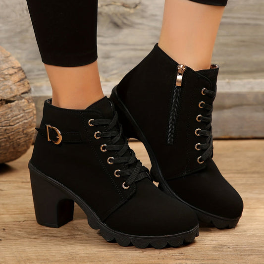 Women's Ankle Boots Block Heel Lace Up Casual Booties