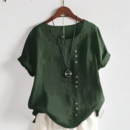 Women's Tops Casual Short Sleeve Button Front Round Neck Shirt