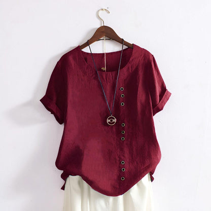 Women's Tops Casual Short Sleeve Button Front Round Neck Shirt