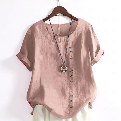 Women's Tops Casual Short Sleeve Button Front Round Neck Shirt