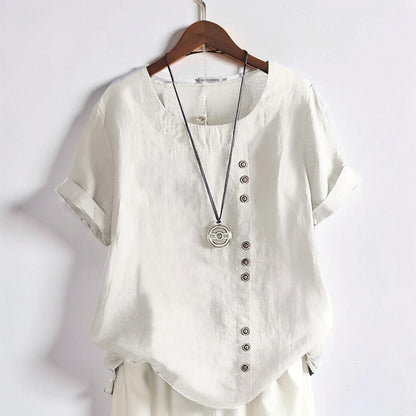 Women's Tops Casual Short Sleeve Button Front Round Neck Shirt