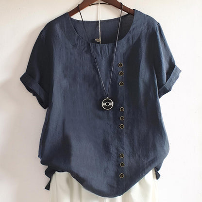 Women's Tops Casual Short Sleeve Button Front Round Neck Shirt