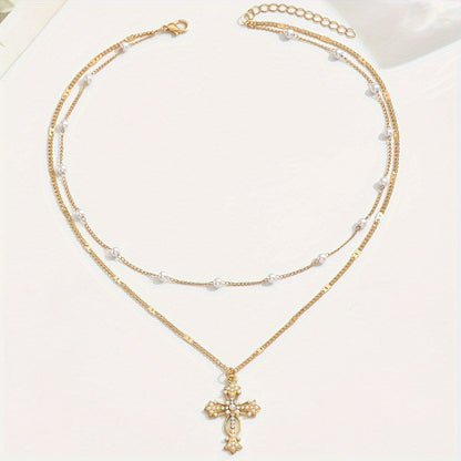 Necklace Cross Pendant Mothers Day Gold Layered Beaded Necklace