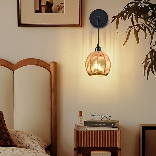 Boho Rattan Wall Lamp | Handwoven Bedside & Living Room Sconce