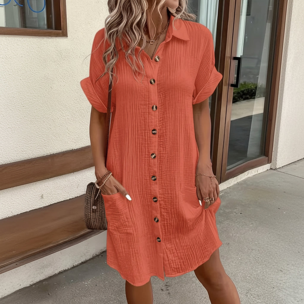Women's Midi Shirt Dress Casual Short Sleeve | Dress